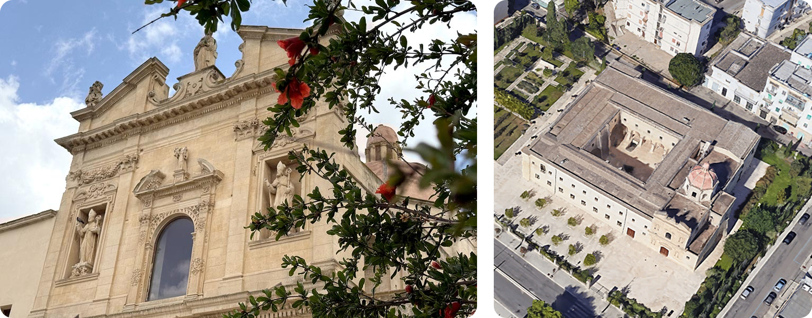 chi siamo ex convento agostiniani merge archivio storico comune di lecce facciata e foto dall'alto dell'ex convento agostiniani, sede dell'archivio storico del comune di lecce